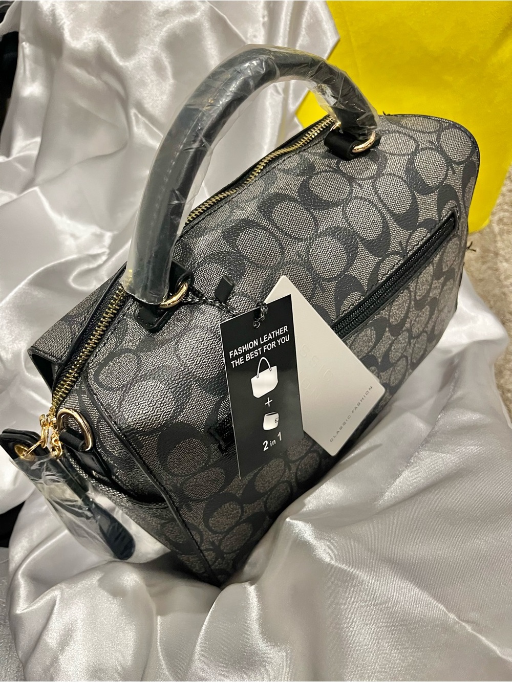 Women's Gray Monogram Satchel Handbag - Fashion Leather